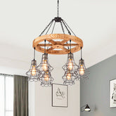 Wood Suspension Wagon Wheel Chandelier for Dining Hall - 6/8-Light Ceiling Fixture with Wire Cage